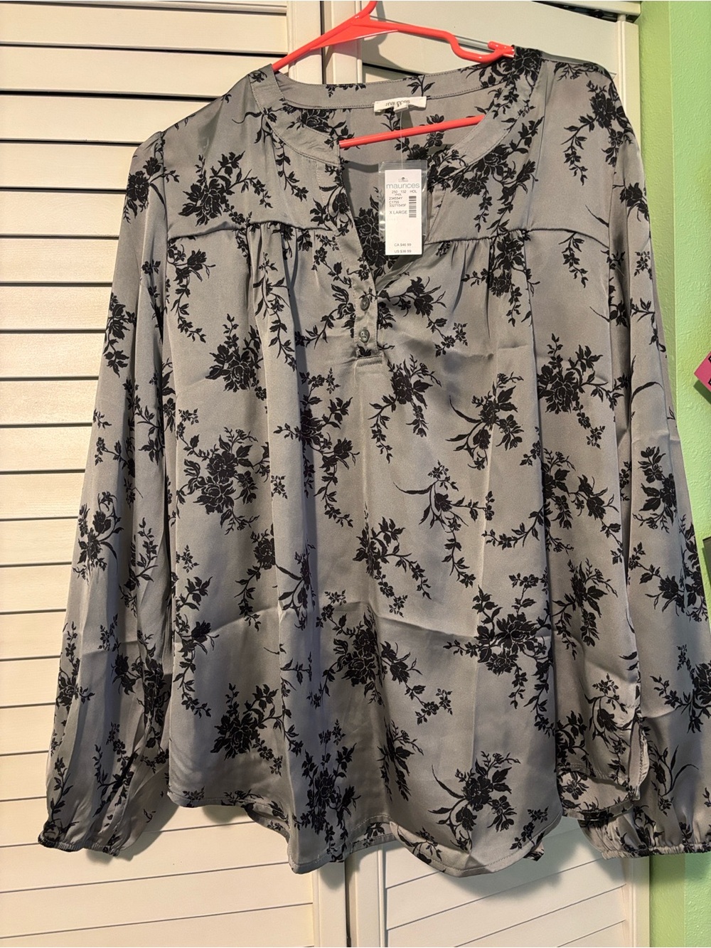 Maurices Gray Blouse with Black Floral Print